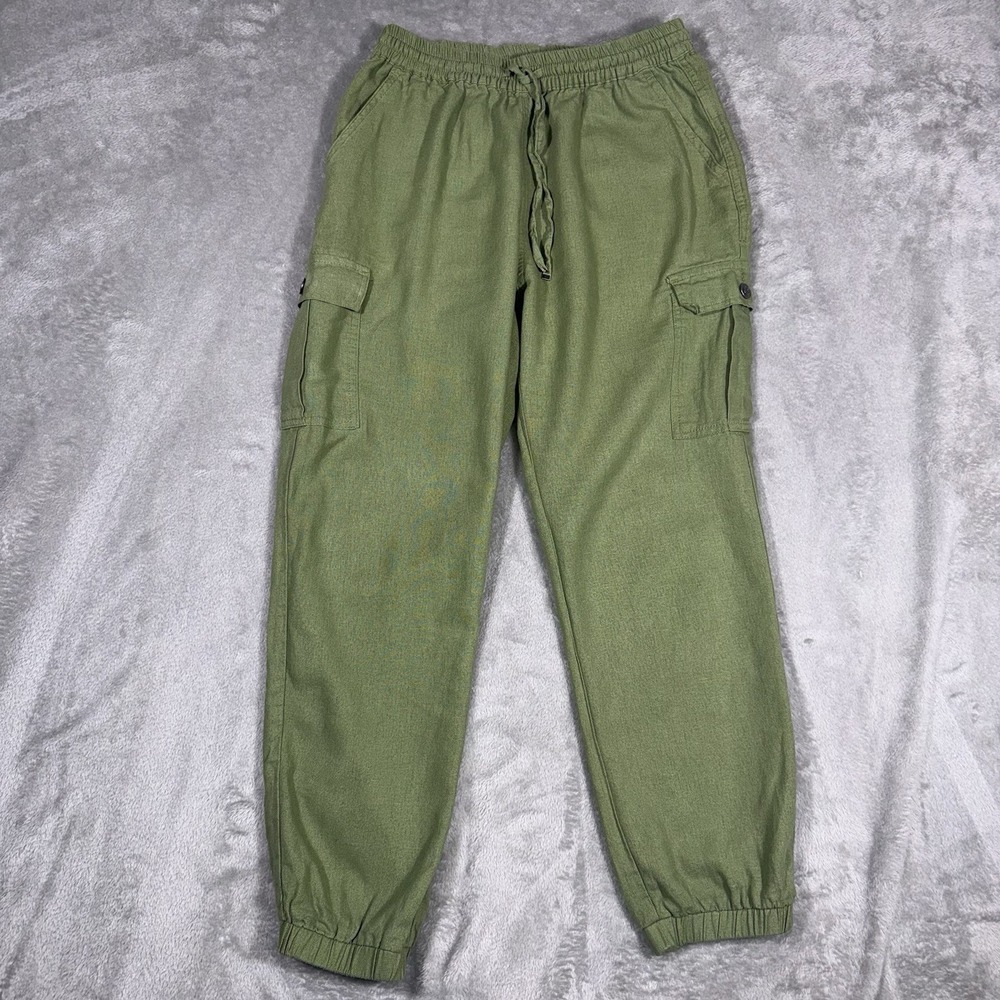 Love Tree Linen Pants Jogger Womens Med Olive Pull On Cargo Pockets Relaxed